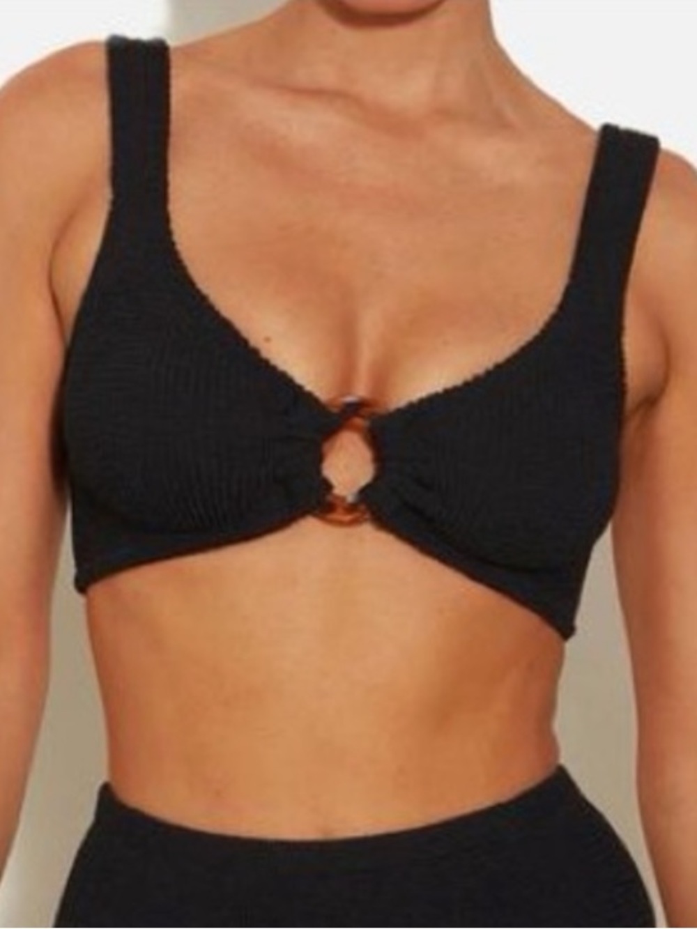 Hunza G Black Bikini *Top Only* Tortoise Ring *as-is* Crinkle Stretchy One Size